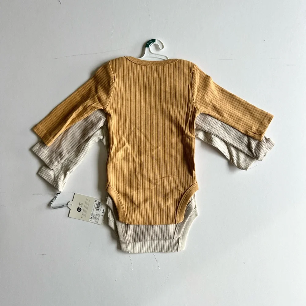 2 Cloud Island 3pc Ribbed Cream and Tan Baby Bodysuit Set Long Sleeve Bird Print - Picture 9 of 13